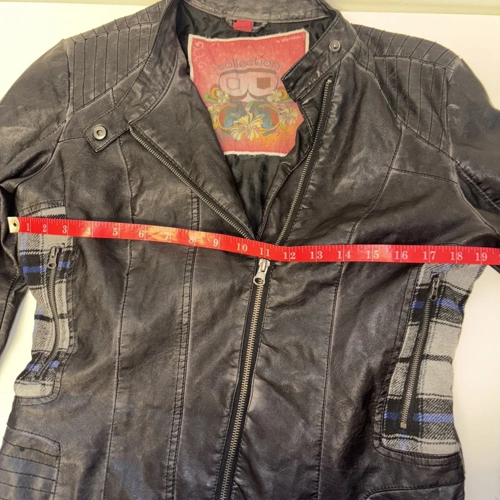Womens Vegan Leather Jacket Sz L Plaid Vtg Classic Coat Y2K Art To Wear Winter